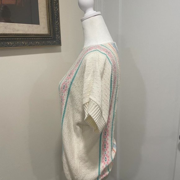 Vintage 80’s Cream & Pastel Striped Short Sleeve Sweater  By Bay Point Trading - Picture 3 of 4